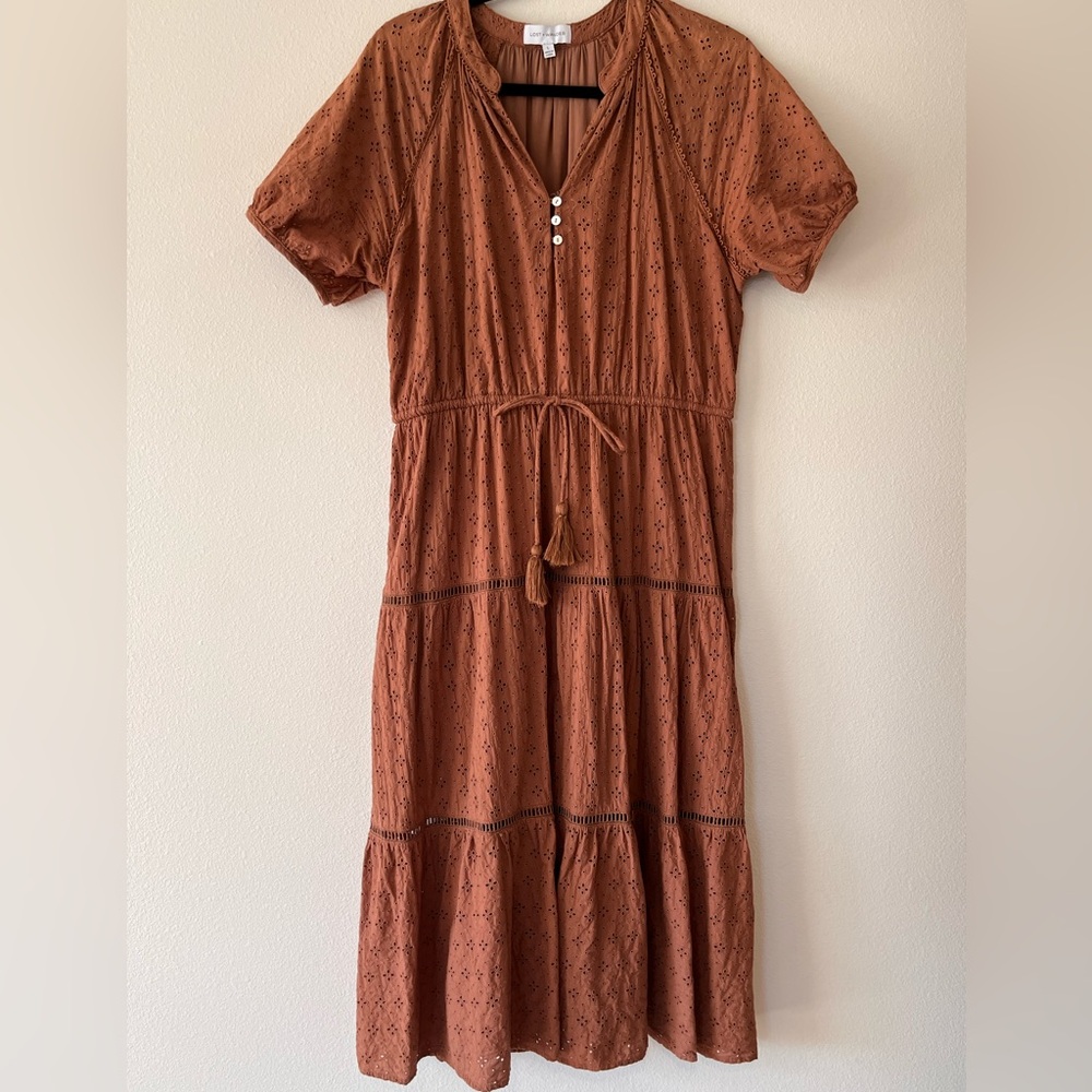 Lost + Wander Rust Eyelet Tiered Maxi Dress with Tassel Tie